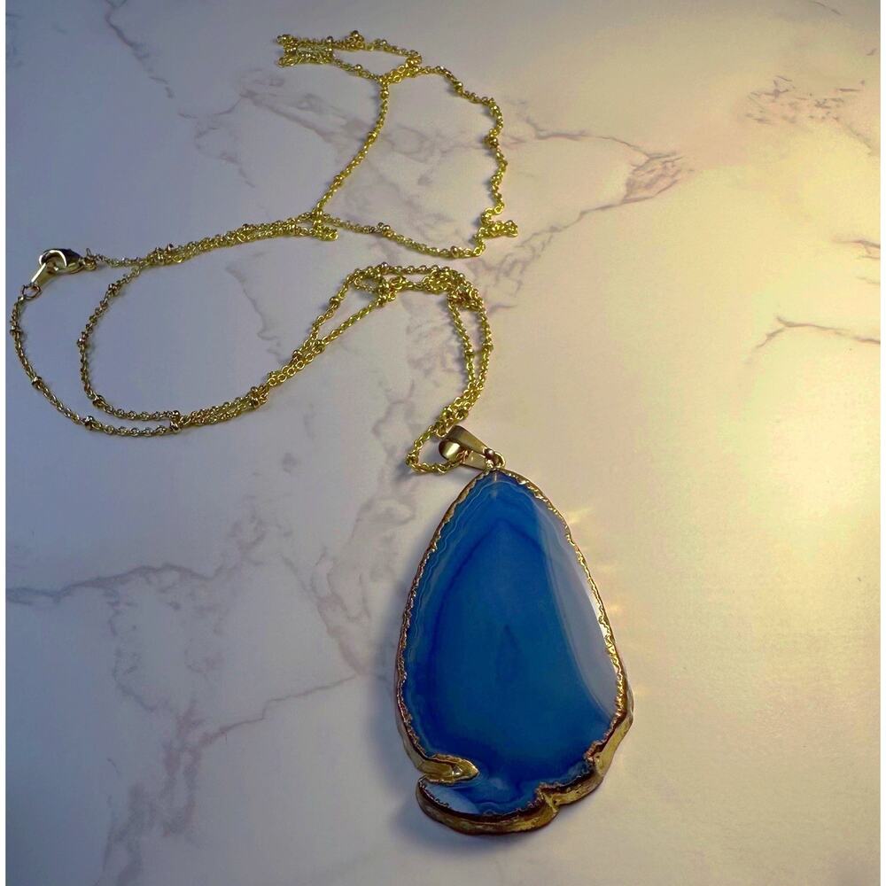Gen. Dyed Agate Slab Pendant w/ 30” 14k GP Gold Plated Rope Chain / Indigo
